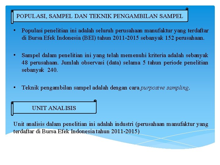 POPULASI, SAMPEL DAN TEKNIK PENGAMBILAN SAMPEL • Populasi penelitian ini adalah seluruh perusahaan manufaktur