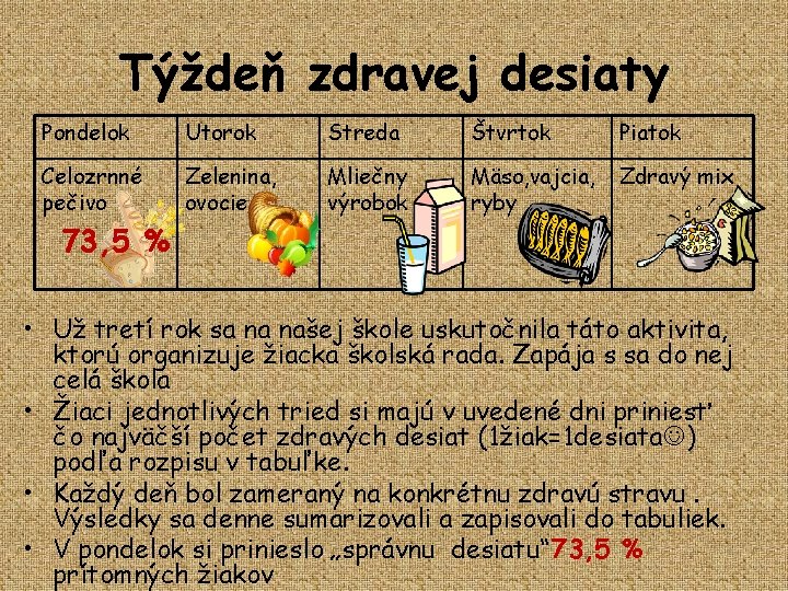 Týždeň zdravej desiaty Pondelok Utorok Streda Štvrtok Piatok Celozrnné pečivo Zelenina, ovocie Mliečny výrobok