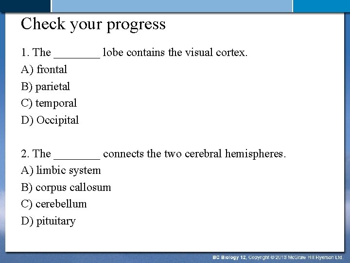 Check your progress 1. The ____ lobe contains the visual cortex. A) frontal B)