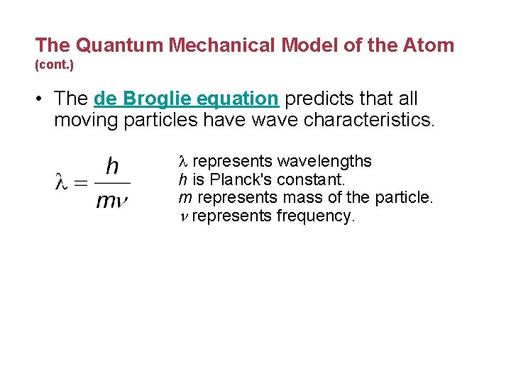 The Quantum Mechanical Model of the Atom (cont. ) • The de Broglie equation