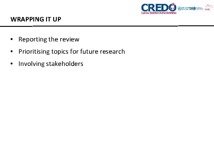 WRAPPING IT UP • Reporting the review • Prioritising topics for future research •