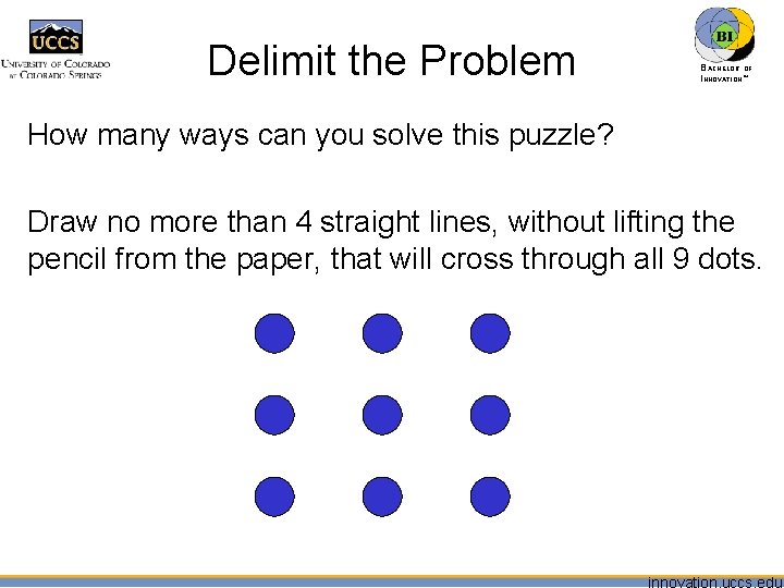 Delimit the Problem BACHELOR OF INNOVATION™ How many ways can you solve this puzzle?