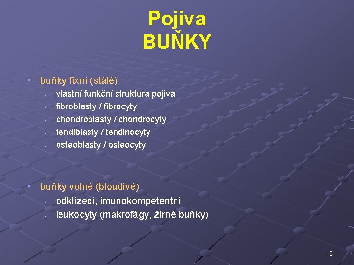 Pojiva BUŇKY • buňky fixní (stálé) • • • vlastní funkční struktura pojiva fibroblasty