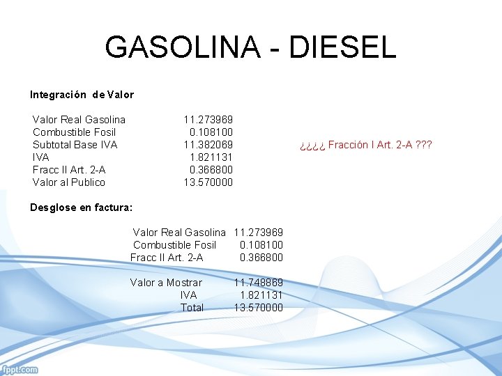 GASOLINA - DIESEL Integración de Valor Real Gasolina Combustible Fosil Subtotal Base IVA Fracc