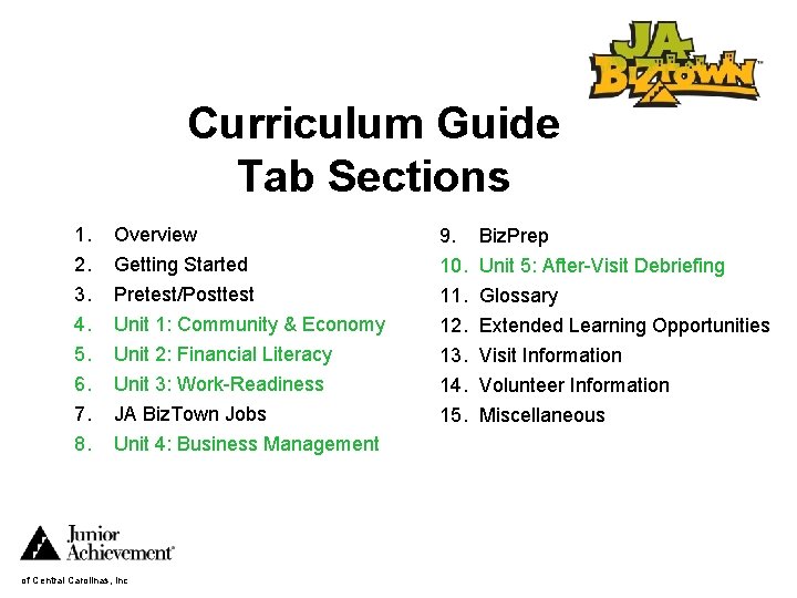Curriculum Guide Tab Sections 1. 2. 3. 4. 5. 6. 7. 8. Overview Getting