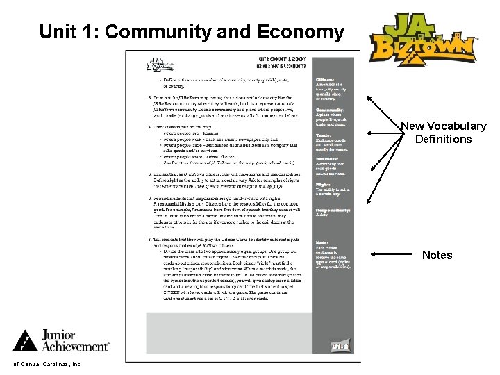 Unit 1: Community and Economy New Vocabulary Definitions Notes of Central Carolinas, Inc 