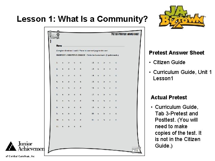 Lesson 1: What Is a Community? Pretest Answer Sheet • Citizen Guide • Curriculum