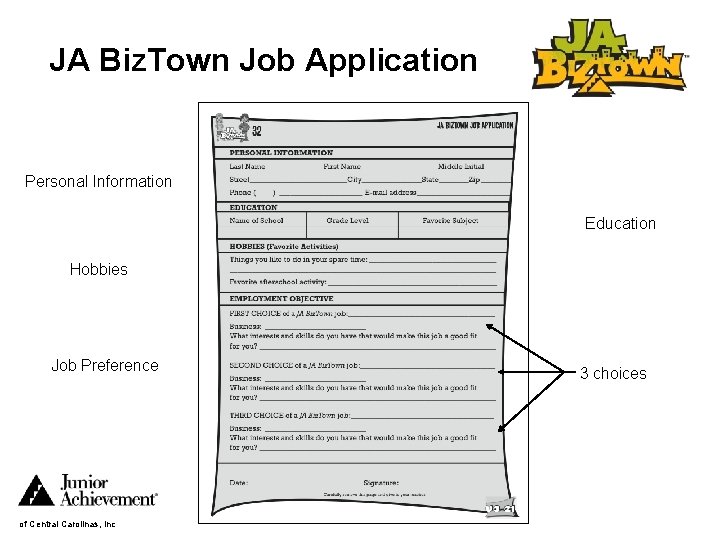 JA Biz. Town Job Application Personal Information Education Hobbies Job Preference of Central Carolinas,