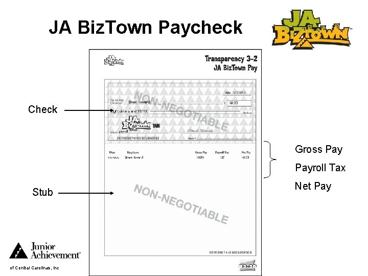 JA Biz. Town Paycheck Check Gross Payroll Tax Stub of Central Carolinas, Inc Net