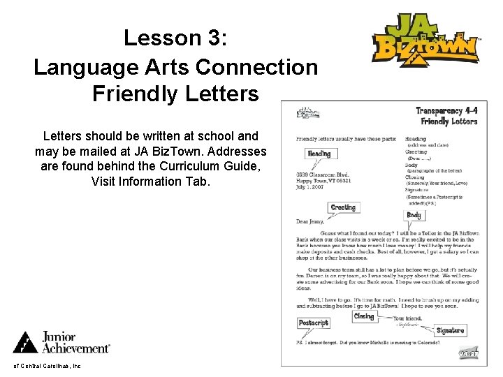 Lesson 3: Language Arts Connection Friendly Letters should be written at school and may