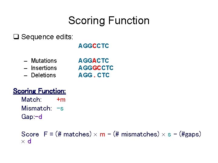 Scoring Function q Sequence edits: AGGCCTC – Mutations – Insertions – Deletions AGGACTC AGGGCCTC