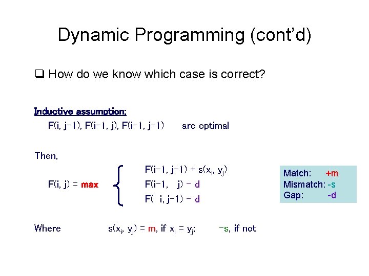 Dynamic Programming (cont’d) q How do we know which case is correct? Inductive assumption: