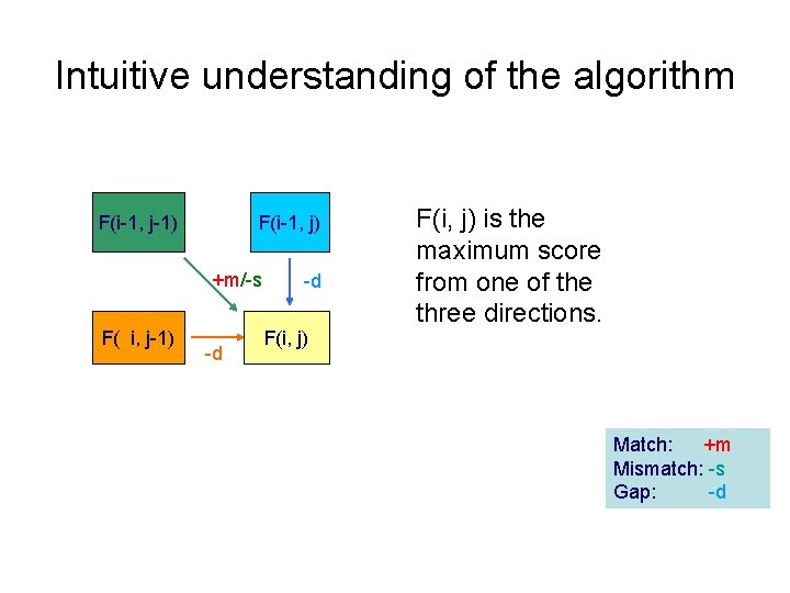 Intuitive understanding of the algorithm F(i-1, j-1) F(i-1, j) +m/-s F( i, j-1) -d