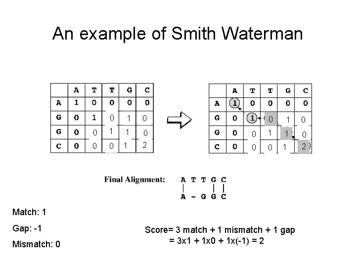 An example of Smith Waterman 0 1 0 0 1 1 0 0 0