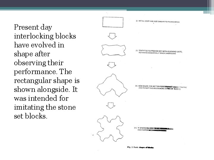 Present day interlocking blocks have evolved in shape after observing their performance. The rectangular