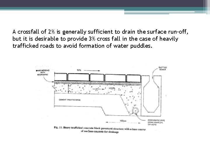A crossfall of 2% is generally sufficient to drain the surface run-off, but it
