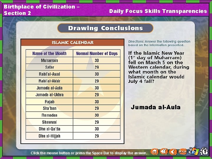 Birthplace of Civilization – Section 2 Daily Focus Skills Transparencies Jumada al-Aula Click the