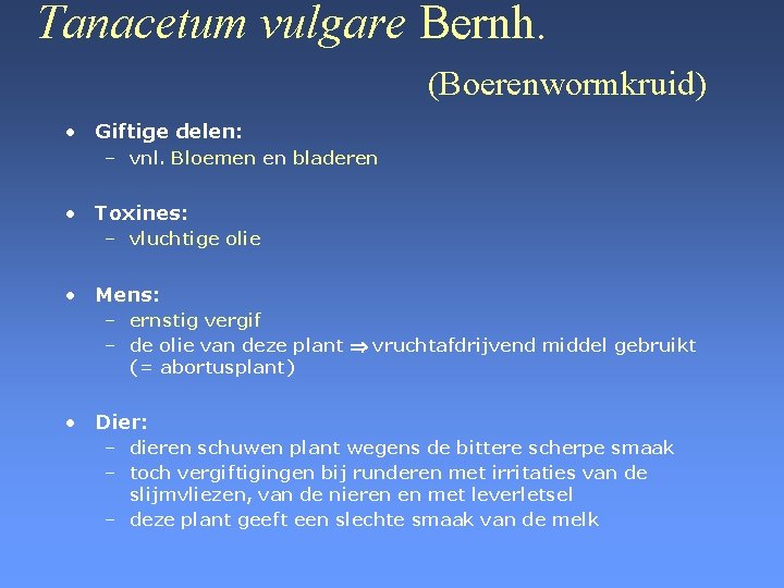 Tanacetum vulgare Bernh. (Boerenwormkruid) • Giftige delen: – vnl. Bloemen en bladeren • Toxines: