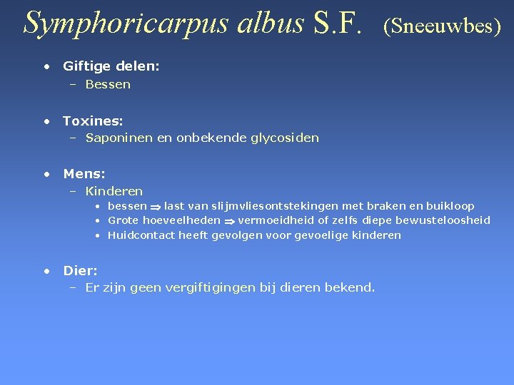 Symphoricarpus albus S. F. (Sneeuwbes) • Giftige delen: – Bessen • Toxines: – Saponinen