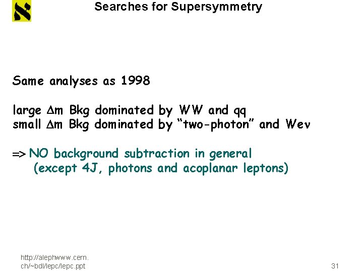 Searches for Supersymmetry Same analyses as 1998 large Dm Bkg dominated by WW and