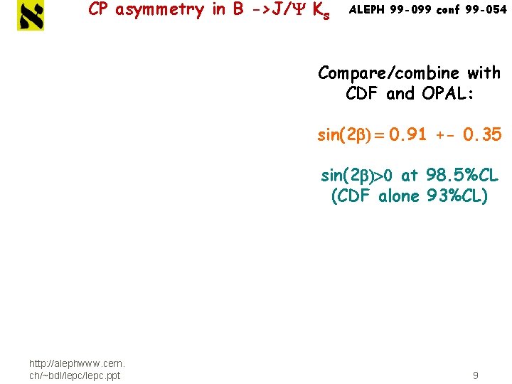 CP asymmetry in B ->J/Y Ks ALEPH 99 -099 conf 99 -054 Compare/combine with