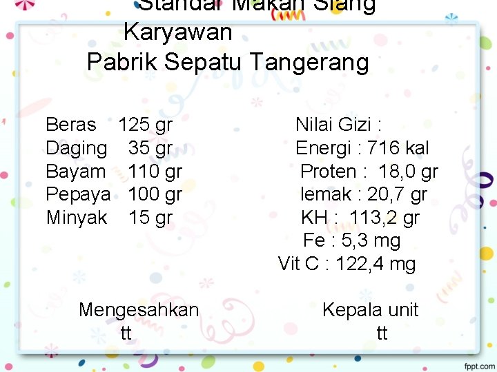 Standar Makan Siang Karyawan Pabrik Sepatu Tangerang Beras Daging Bayam Pepaya Minyak 125 gr