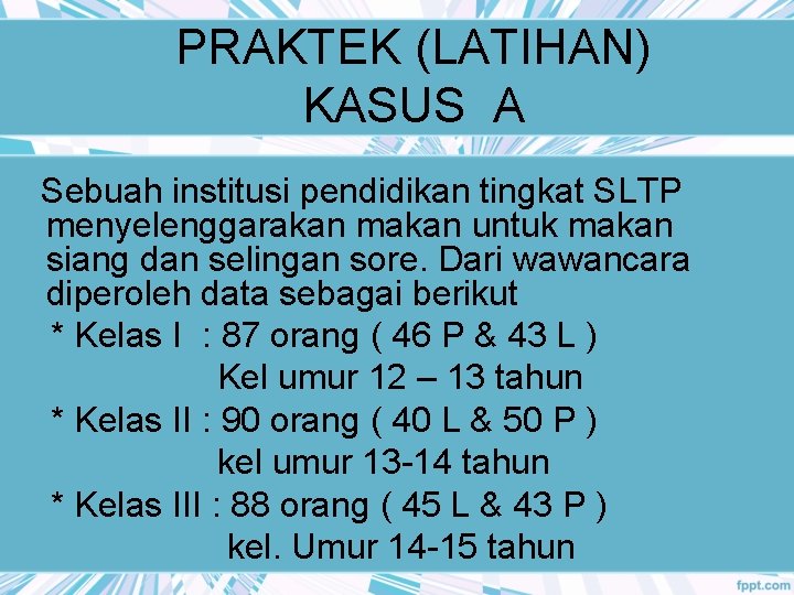 PRAKTEK (LATIHAN) KASUS A Sebuah institusi pendidikan tingkat SLTP menyelenggarakan makan untuk makan siang