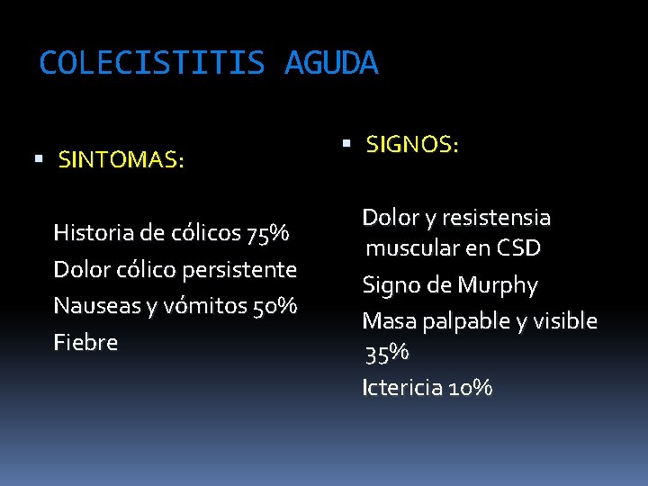 COLECISTITIS AGUDA SINTOMAS: Historia de cólicos 75% Dolor cólico persistente Nauseas y vómitos 50%