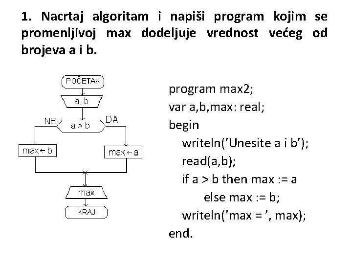 1. Nacrtaj algoritam i napiši program kojim se promenljivoj max dodeljuje vrednost većeg od