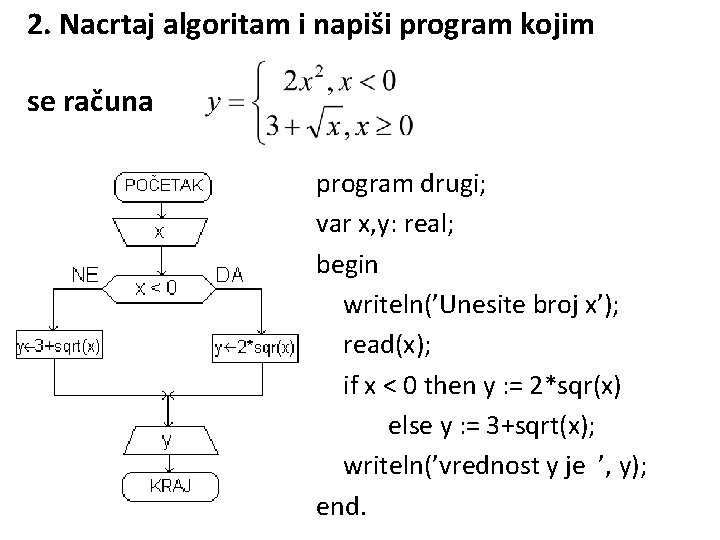 2. Nacrtaj algoritam i napiši program kojim se računa program drugi; var x, y: