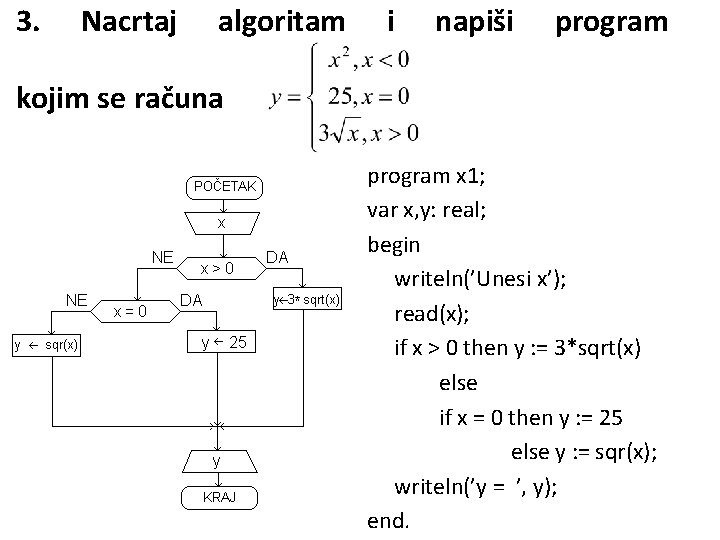 3. Nacrtaj algoritam i napiši program kojim se računa program x 1; var x,