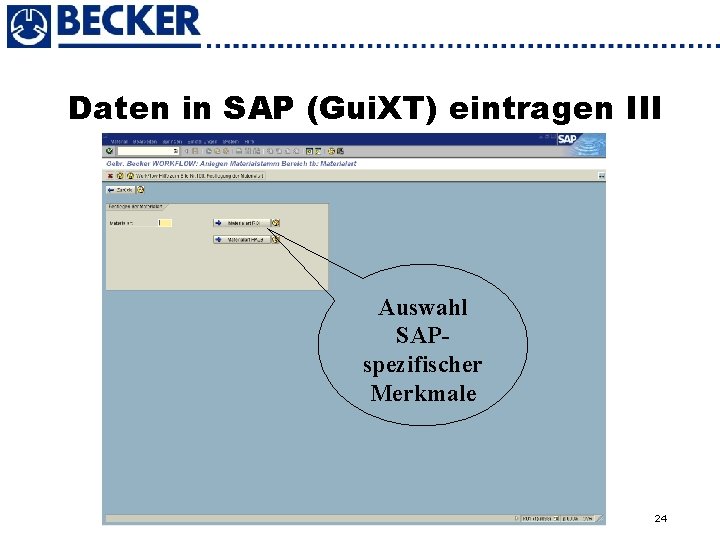 Daten in SAP (Gui. XT) eintragen III Auswahl SAPspezifischer Merkmale 24 