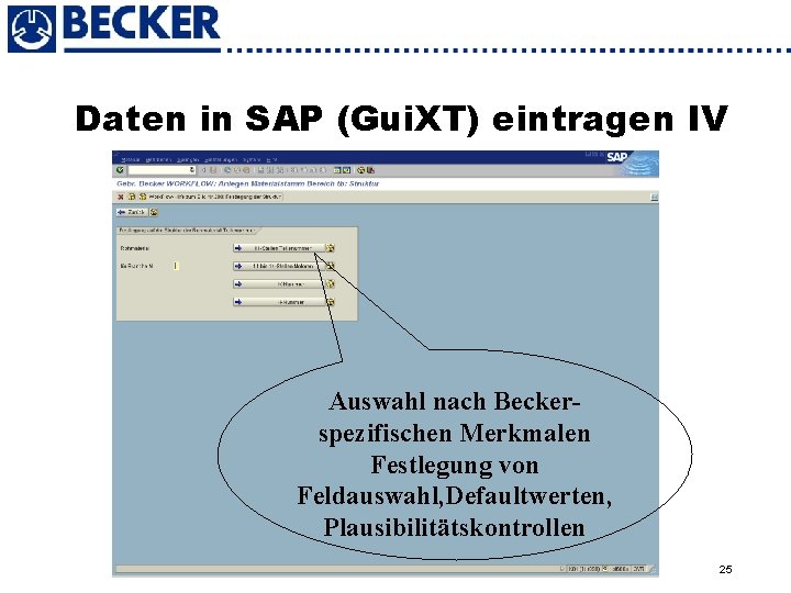 Daten in SAP (Gui. XT) eintragen IV Auswahl nach Beckerspezifischen Merkmalen Festlegung von Feldauswahl,