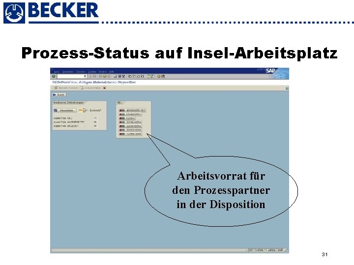 Prozess-Status auf Insel-Arbeitsplatz Arbeitsvorrat für den Prozesspartner in der Disposition 31 