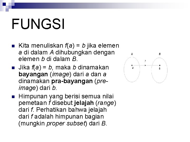 FUNGSI n n n Kita menuliskan f(a) = b jika elemen a di dalam