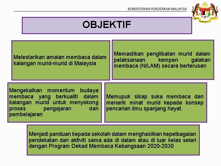 OBJEKTIF Melestarikan amalan membaca dalam kalangan murid-murid di Malaysia Mengekalkan momentum budaya membaca yang