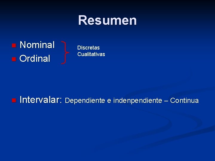 Resumen Nominal n Ordinal n n Discretas Cualitativas Intervalar: Dependiente e indenpendiente – Continua