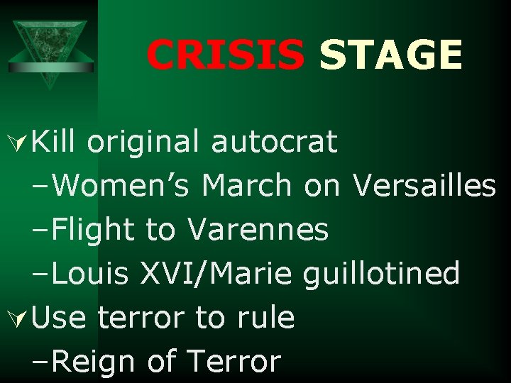 CRISIS STAGE ÚKill original autocrat –Women’s March on Versailles –Flight to Varennes –Louis XVI/Marie