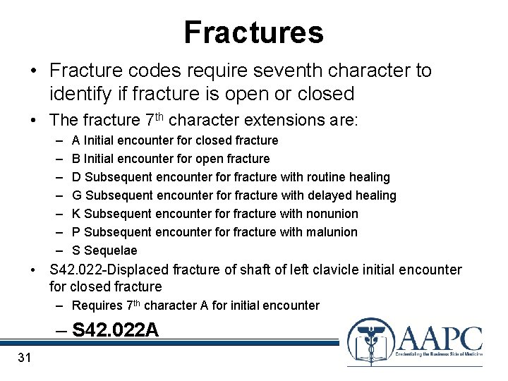 Fractures • Fracture codes require seventh character to identify if fracture is open or