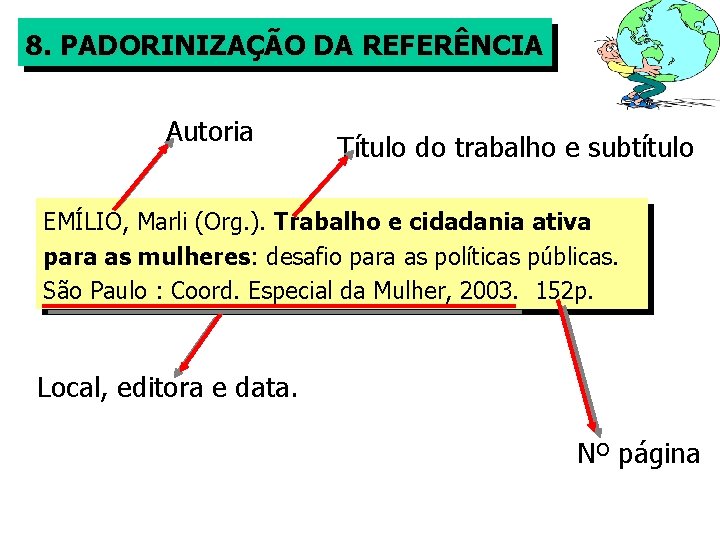 8. PADORINIZAÇÃO DA REFERÊNCIA Autoria Título do trabalho e subtítulo EMÍLIO, Marli (Org. ).