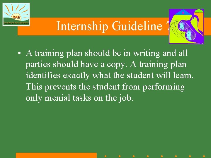 Internship Guideline 7 • A training plan should be in writing and all parties