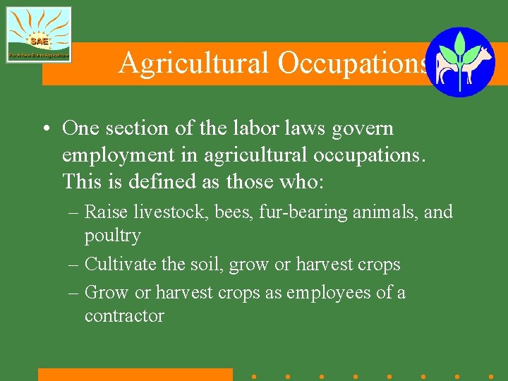 Agricultural Occupations • One section of the labor laws govern employment in agricultural occupations.