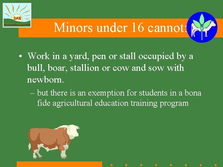 Minors under 16 cannot: • Work in a yard, pen or stall occupied by