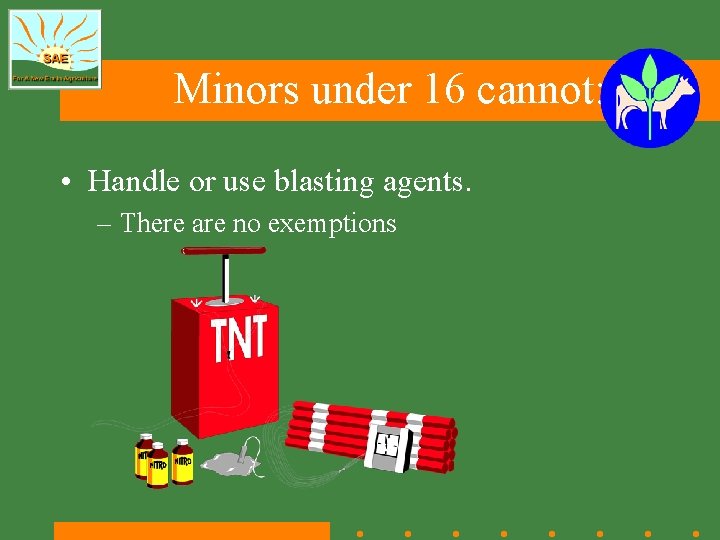 Minors under 16 cannot: • Handle or use blasting agents. – There are no