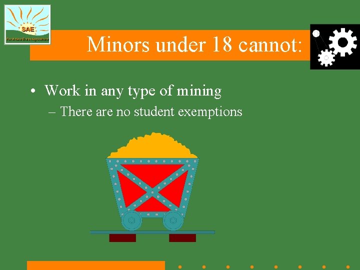 Minors under 18 cannot: • Work in any type of mining – There are