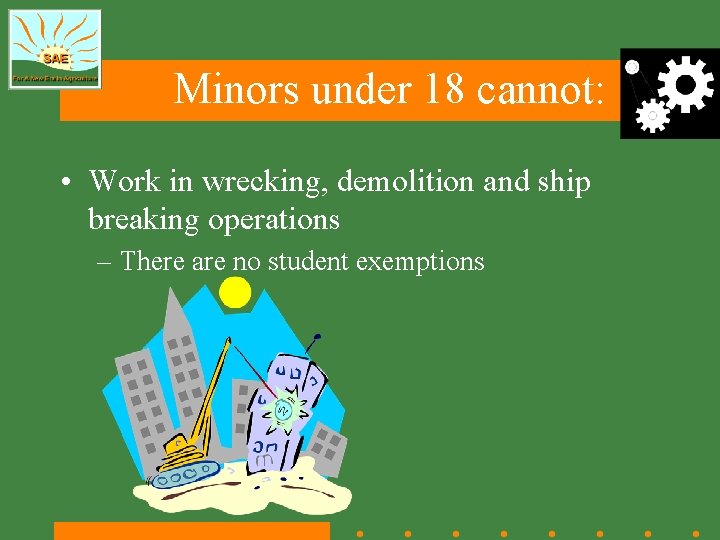 Minors under 18 cannot: • Work in wrecking, demolition and ship breaking operations –