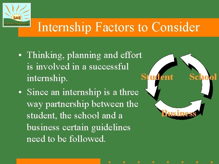 Internship Factors to Consider • Thinking, planning and effort is involved in a successful