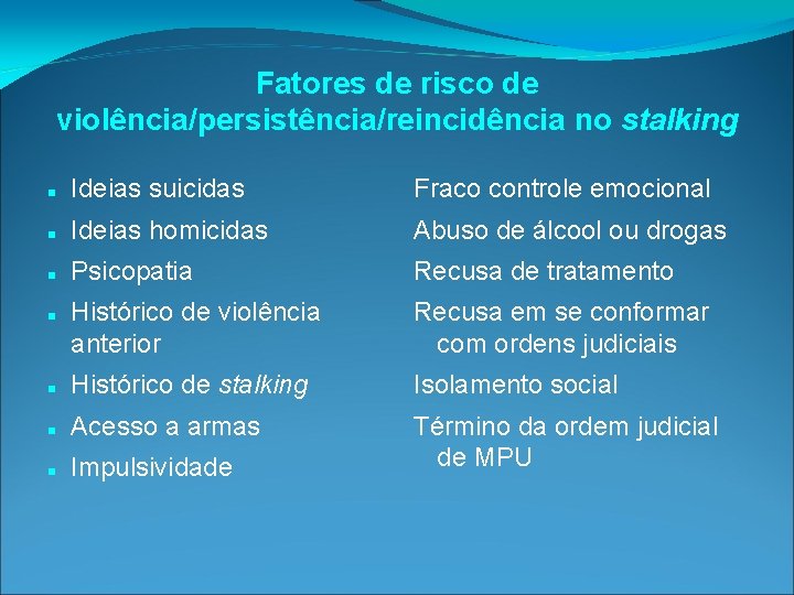 Fatores de risco de violência/persistência/reincidência no stalking Ideias suicidas Fraco controle emocional Ideias homicidas Fatores de risco de violência/persistência/reincidência no stalking Ideias suicidas Fraco controle emocional Ideias homicidas