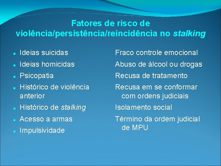 Fatores de risco de violência/persistência/reincidência no stalking Ideias suicidas Fraco controle emocional Ideias homicidas