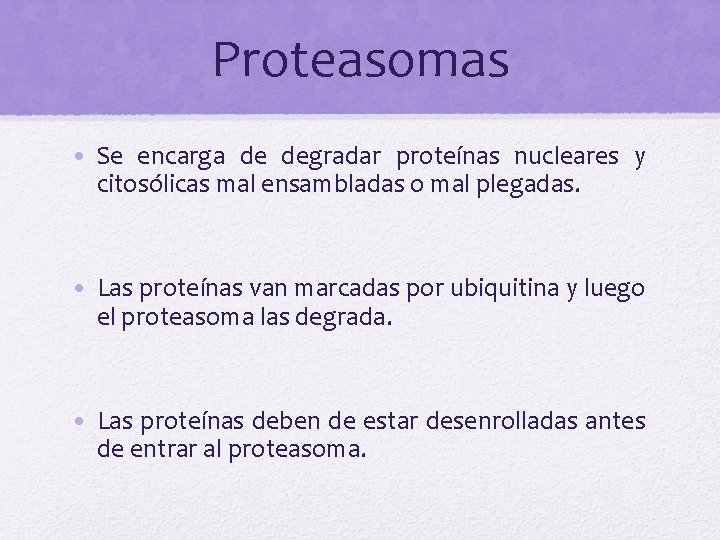 Proteasomas • Se encarga de degradar proteínas nucleares y citosólicas mal ensambladas o mal
